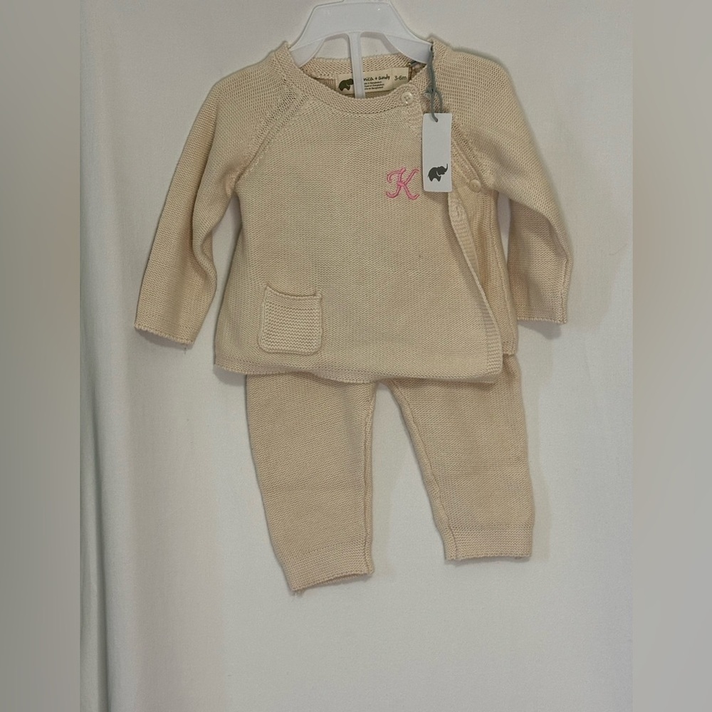 NWT Monica + Andy 100% Organic Cotton Beige Baby Knit Set w/ Pink K Initial 3-6m